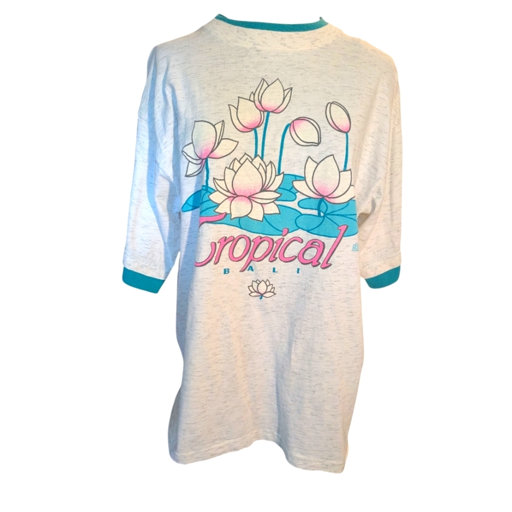 90s Vintage Women's Bali Lily Pad‎ Floral Short Sleeve Shirt Large Double Collar